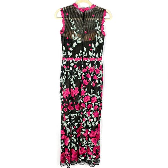 Marchesa Black Pink Floral Column Dress Embroidered Back Zip Sleeveless Sz 0 - Picture 9 of 12